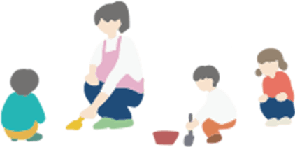 土遊びをする園児と保育士のイラスト