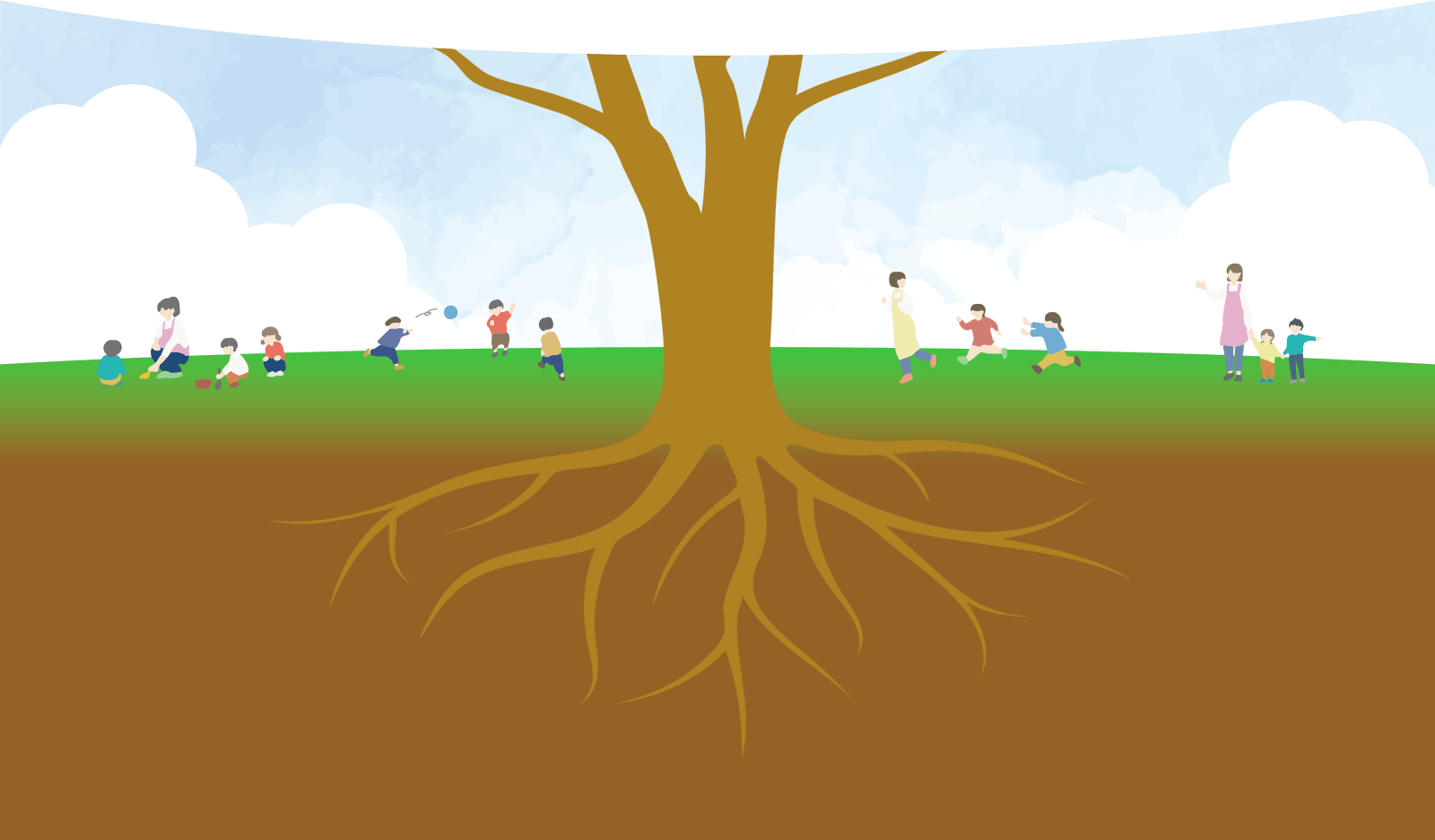大きな木の下で遊ぶ園児たち